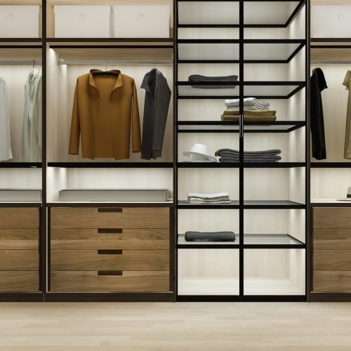 3d rendering minimal scandinavian wood walk in closet with wardrobe
