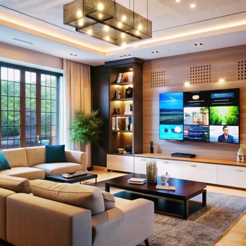 Modern living room with large TV and sectional sofa.